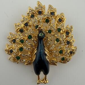 Peacock Brooch Gold Tone Blue Green Rhinestones Enamel Large Statement Bird Pin
